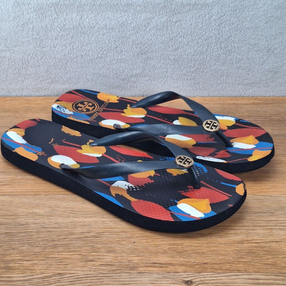 Tory Burch Women's 11 Thin Flip Flops Navy Blue Floral Print Logo Thongs Sandals
